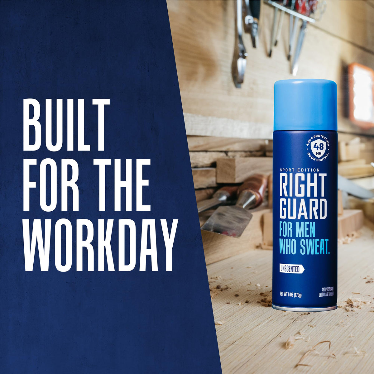 Right Guard Sport Unscented spray in athletic setting keeps fresh.