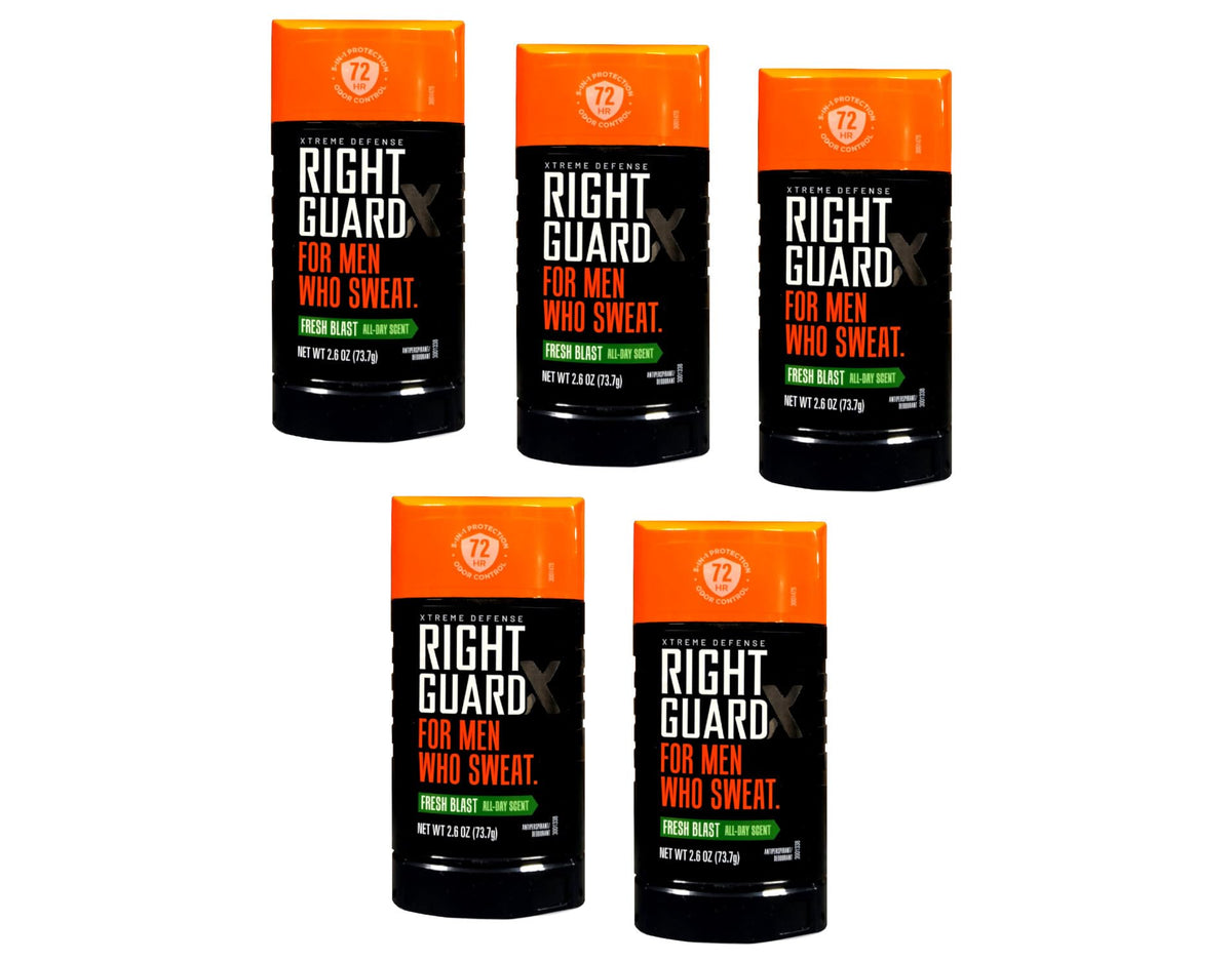 Right Guard Xtreme Defense Fresh Blast bottle back shows logo and sweat-blocking promise
