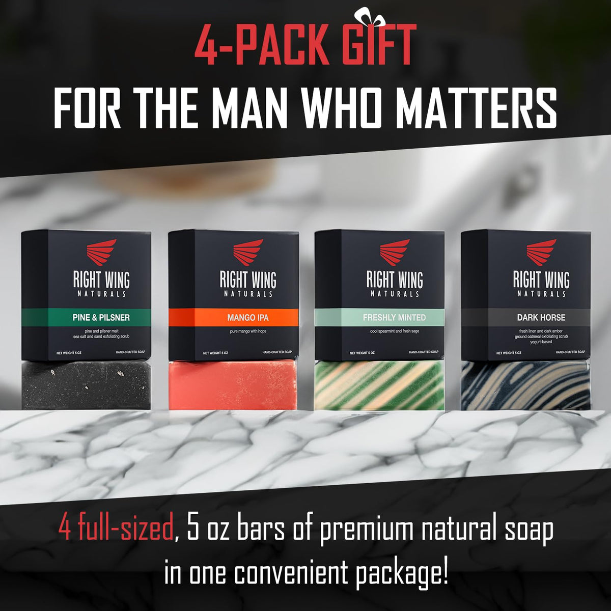 Right Wing Naturals gift-ready packaging for a four-bar soap set.