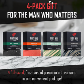 Right Wing Naturals gift-ready packaging for a four-bar soap set.