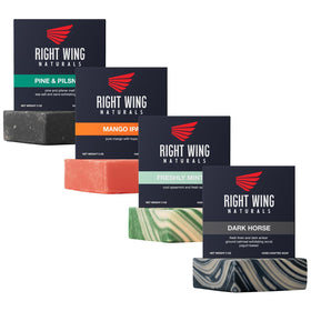 Right Wing Naturals gift set with four bars, rugged masculine packaging and premium soap for daily use.