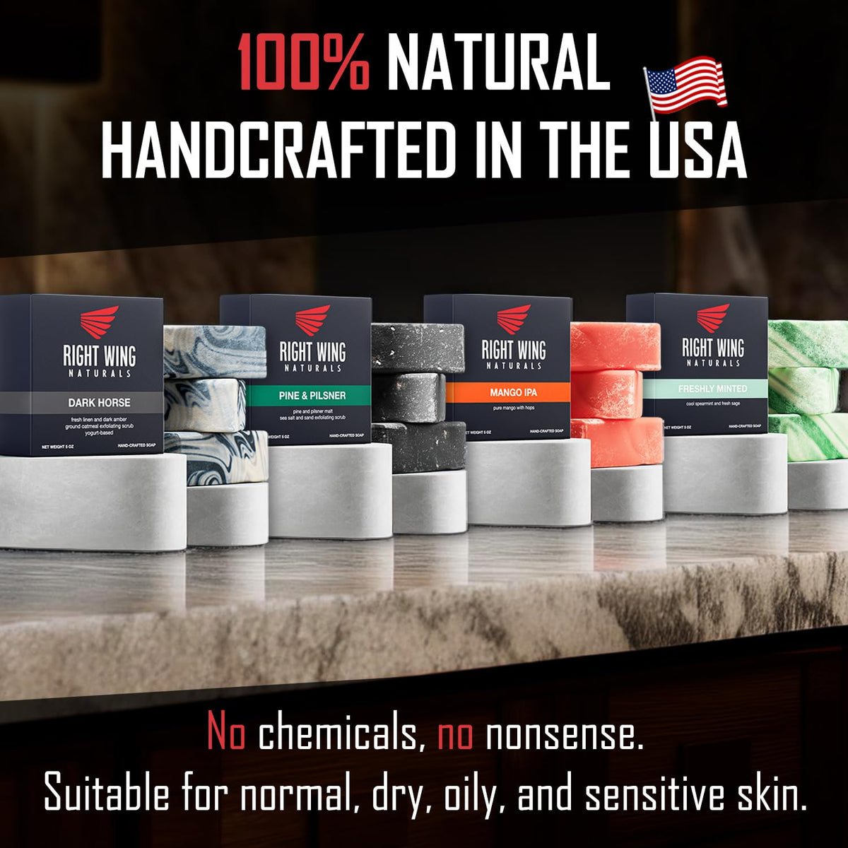 Right Wing Naturals handcrafted USA soap bars showcasing artisanal quality.