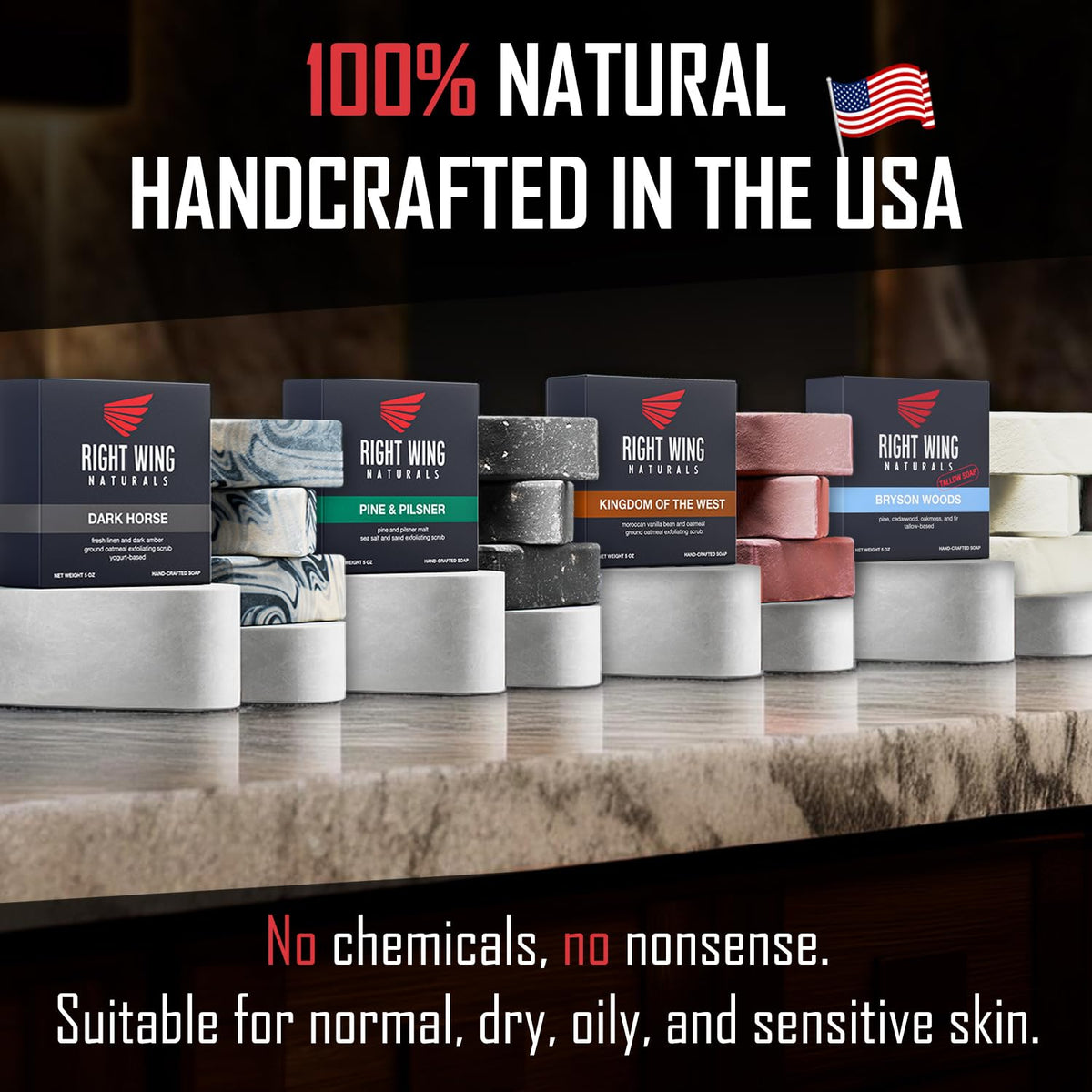 Right Wing Naturals Frontiersman bar soap close-up texture shows natural ingredients.