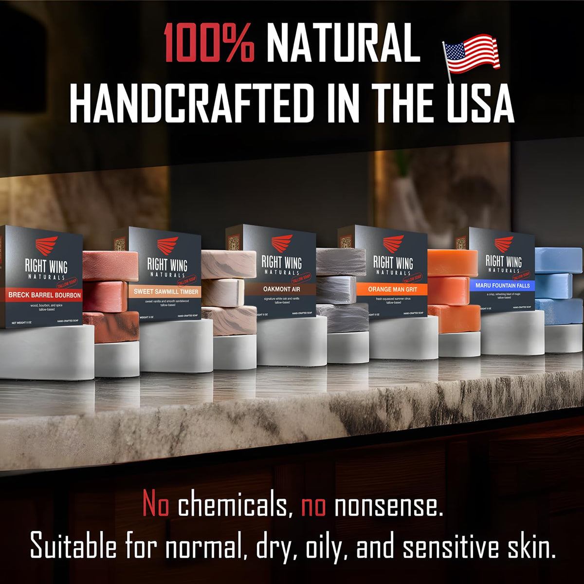 Right Wing Naturals handcrafted soap bars collection for everyday grooming.