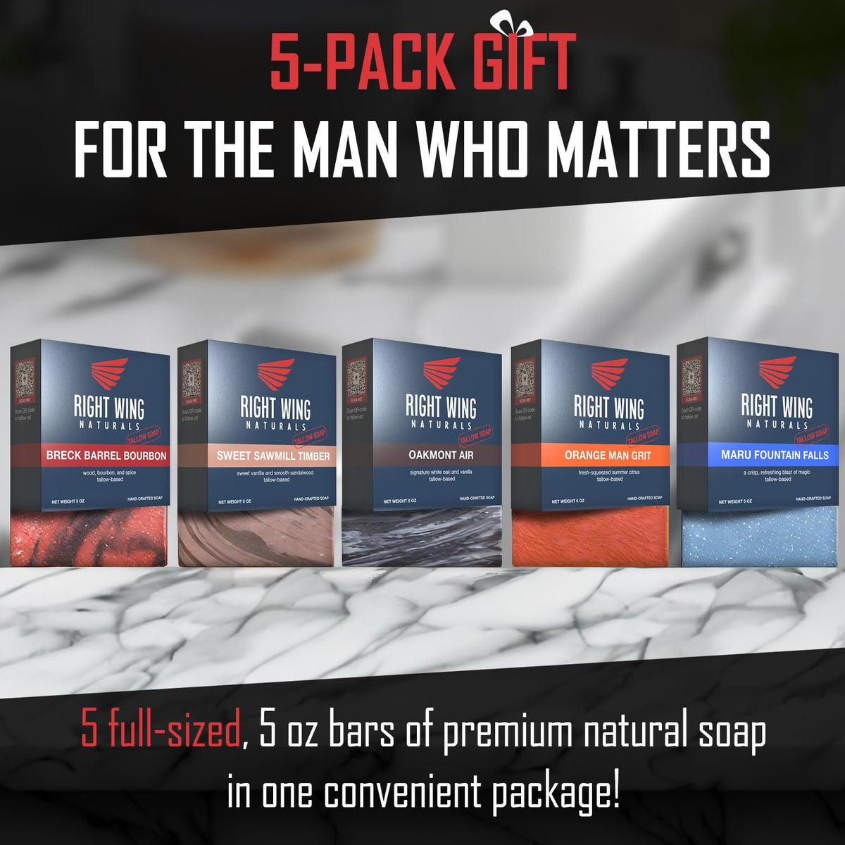 Right Wing Naturals display-friendly soap set highlighting masculine scent and quality.