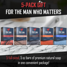 Right Wing Naturals display-friendly soap set highlighting masculine scent and quality.