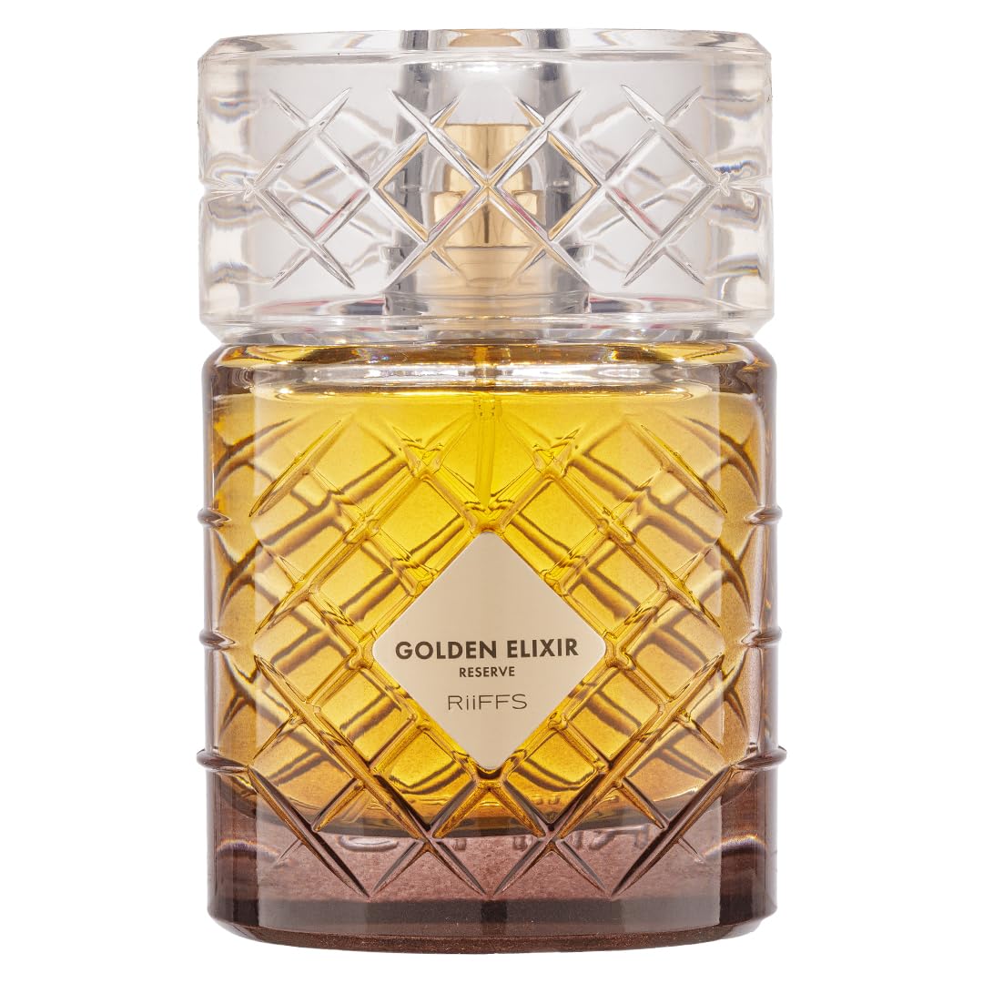 Riiffs Golden Elixir Reserve bottle front view, timeless unisex elegance.