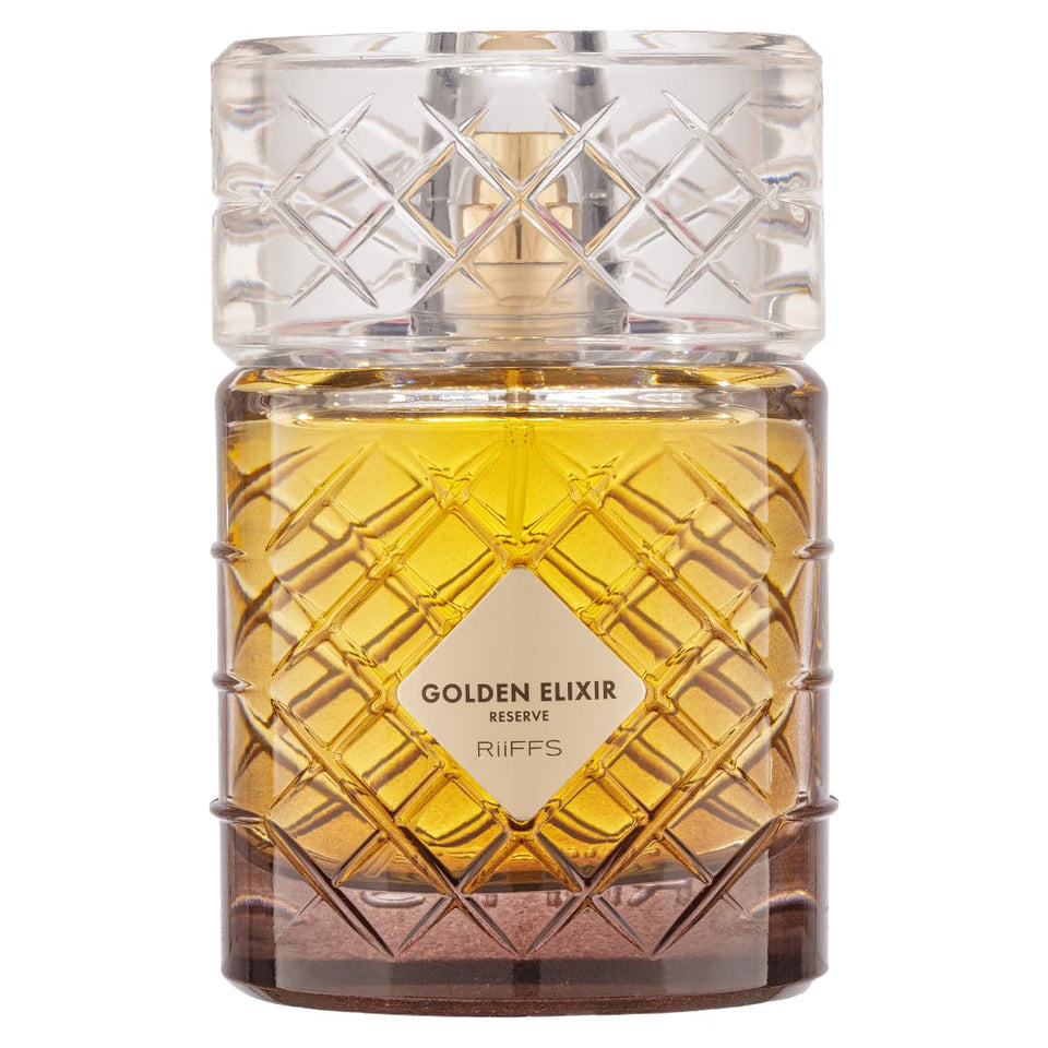 Riiffs Golden Elixir Reserve bottle front view, timeless unisex elegance.