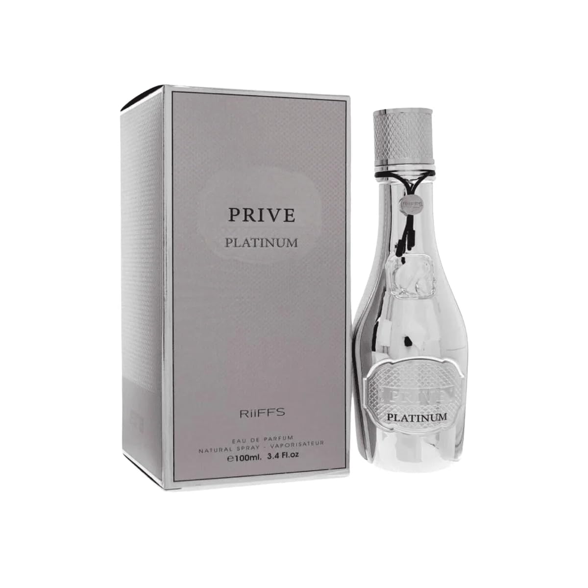 Riiffs Prive Platinum Men bottle on display; a long-lasting, sophisticated fragrance for daily or evening wear.