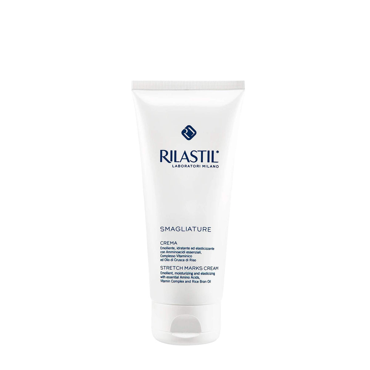 Rilastil Stretch Mark Cream bottle shown for daily body care.