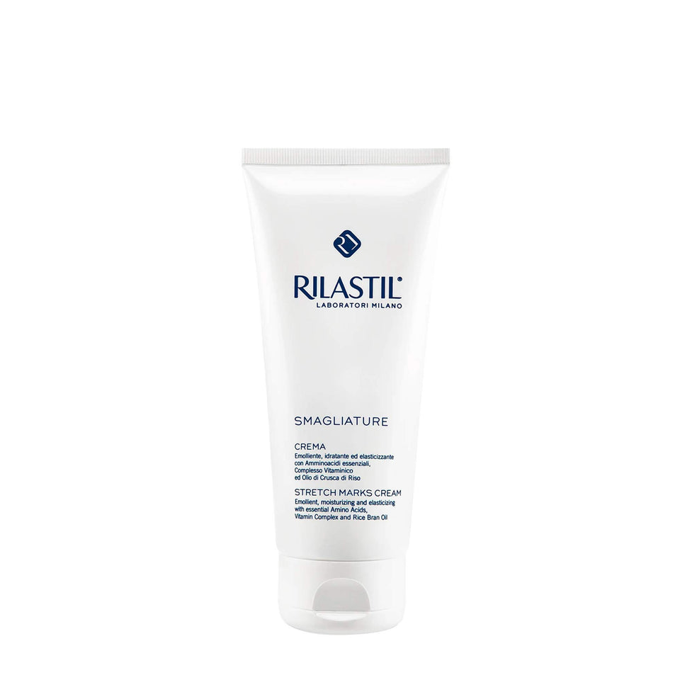 Rilastil Stretch Mark Cream bottle shown for daily body care.