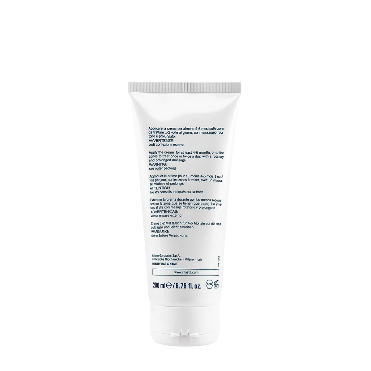 Rilastil Stretch Mark Cream texture closeup highlights a creamy, fast-absorbing formula.