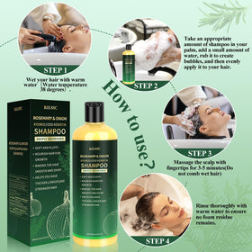 RILSIC Rosemary & Onion Shampoo on bathroom shelf shows natural care.