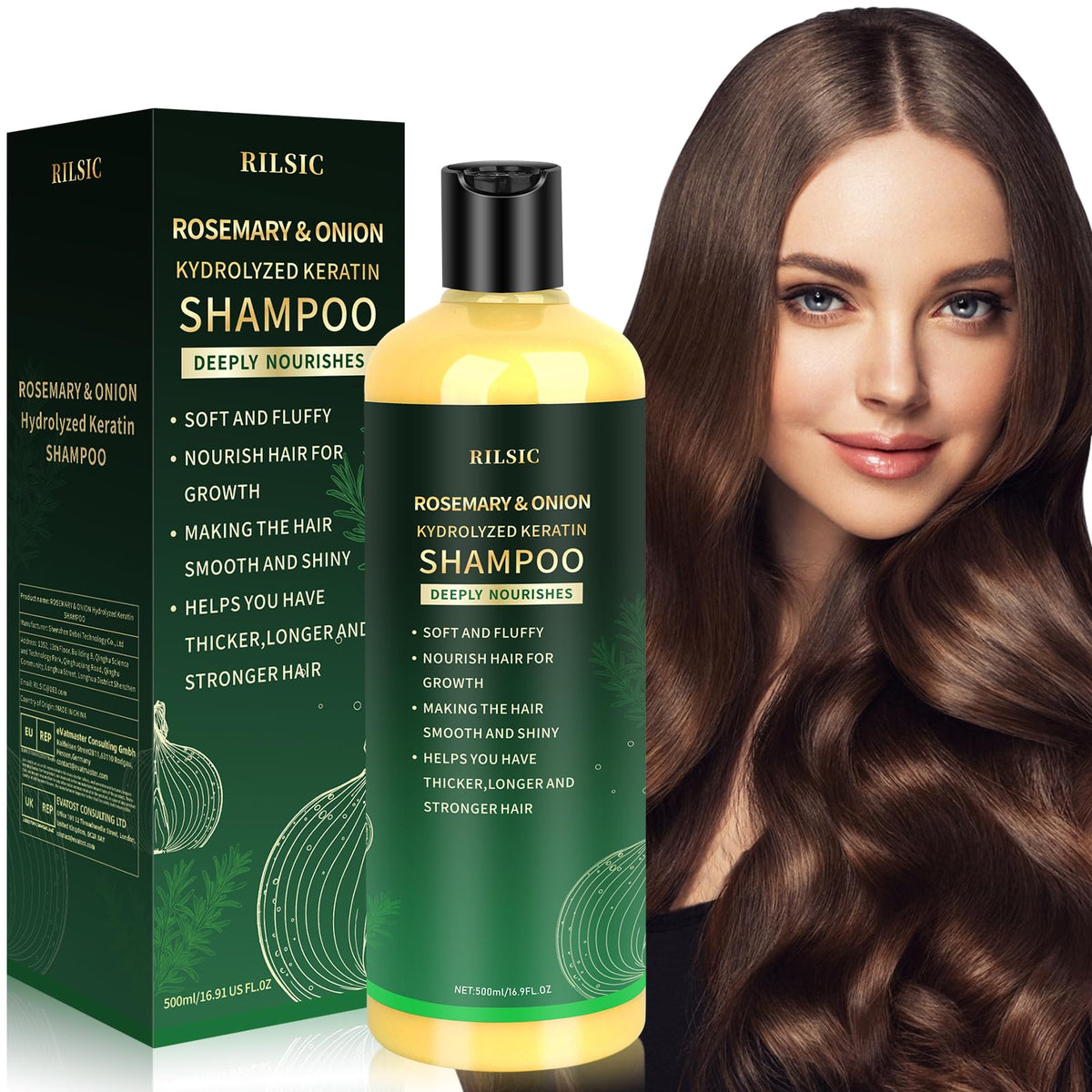 RILSIC Rosemary & Onion Shampoo bottle highlights scalp balance and volume.