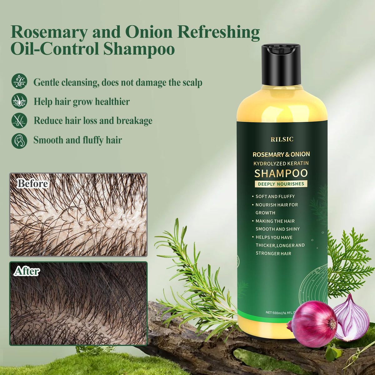 RILSIC Rosemary & Onion Shampoo ingredients panel highlights natural extracts.