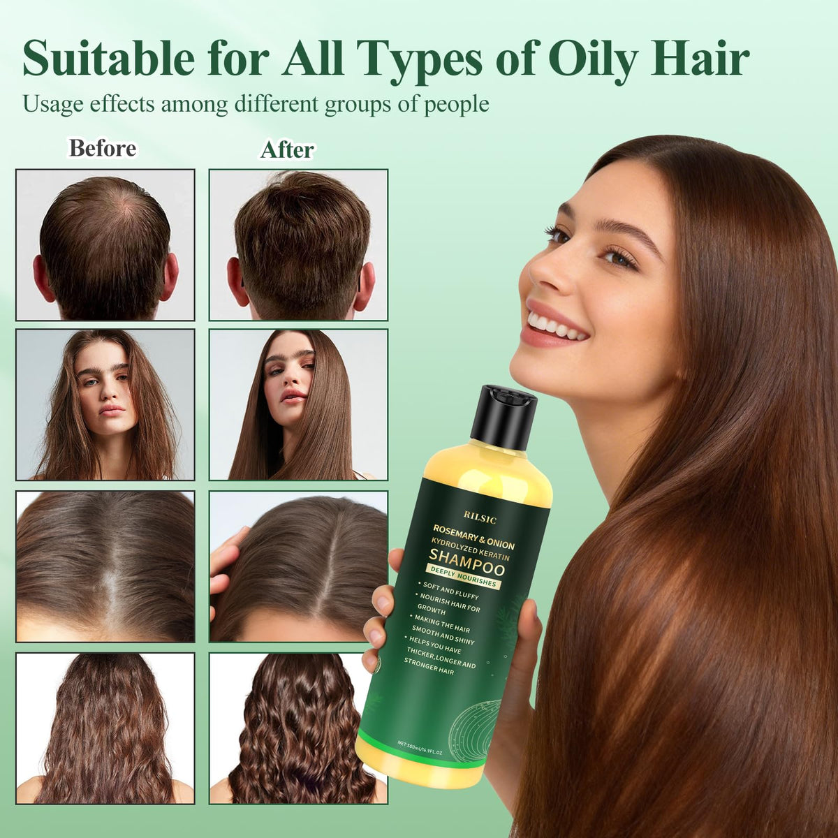 RILSIC Rosemary & Onion Shampoo with hydrolyzed keratin supports hair repair.