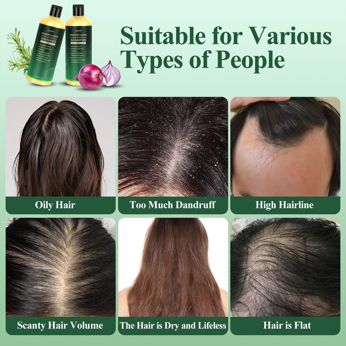 RILSIC Rosemary & Onion Shampoo lather shown on damp hair for smoothness.