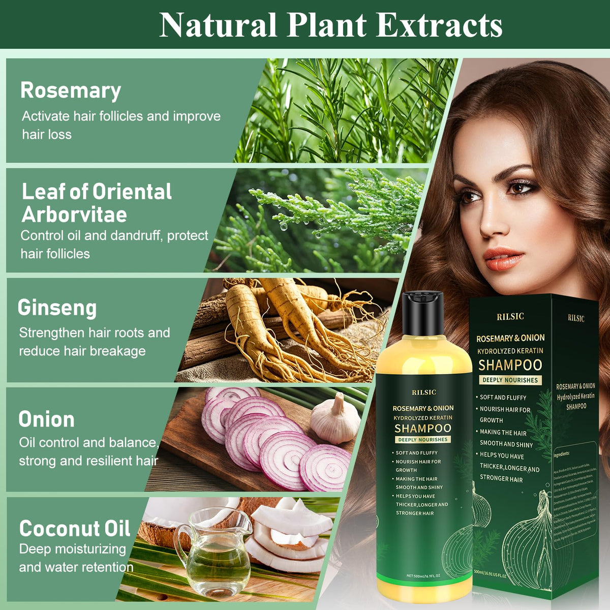 RILSIC Rosemary & Onion Shampoo pour demonstrates daily cleansing and oil control.