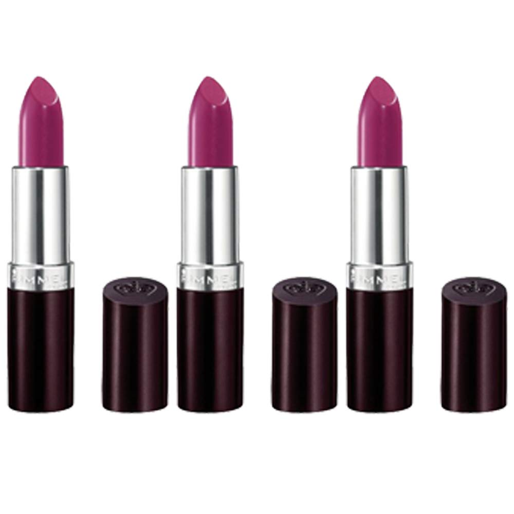 Rimmel London Lasting Finish Amethyst Shimmer lipstick 3-pack front view showing rich, shimmering color