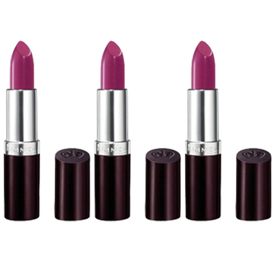 Rimmel London Lasting Finish Amethyst Shimmer lipstick 3-pack front view showing rich, shimmering color