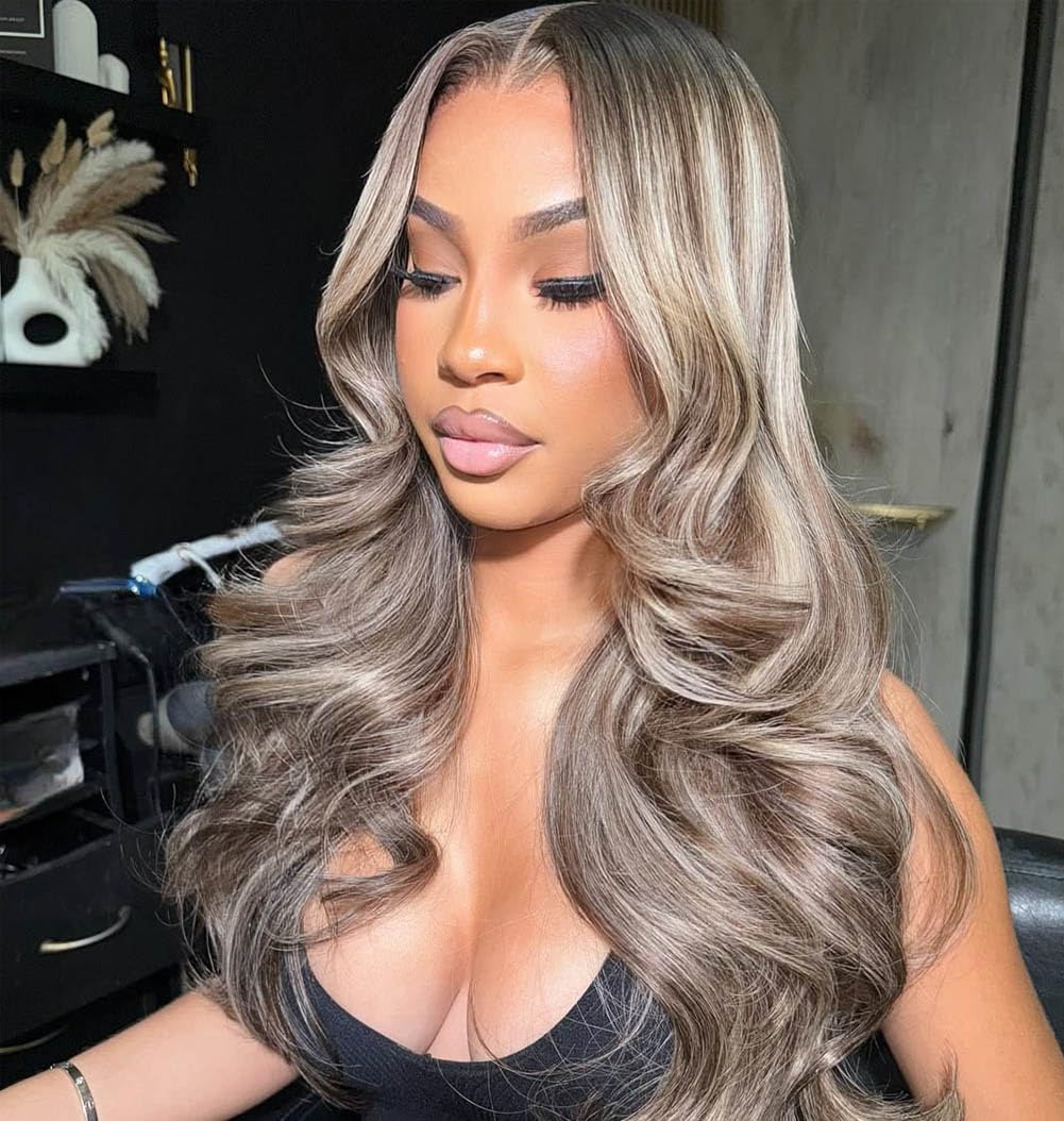 Rina 13x6 ombre milk tea ash blonde 210-density shows full-bodied volume