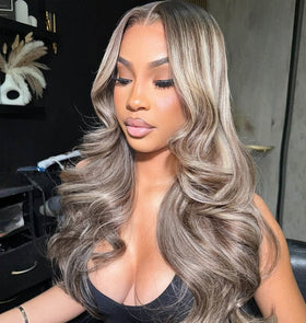 Rina 13x6 ombre milk tea ash blonde 210-density shows full-bodied volume