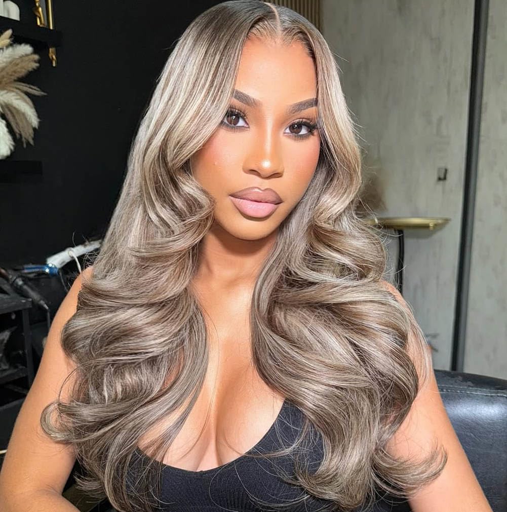 Rina 13x6 ombre milk tea ash blonde front view with natural volume for daily wear