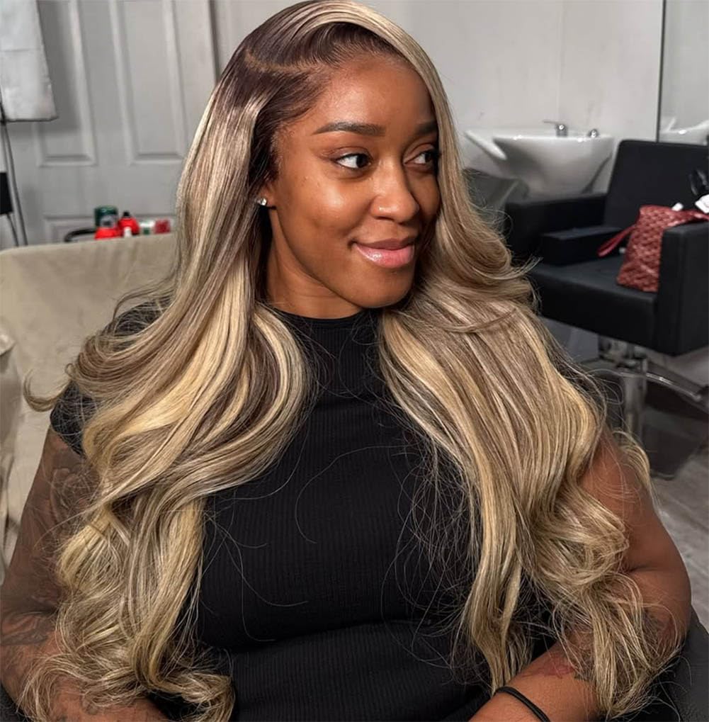 Rina 13x6 lace front wig with ombre milk tea ash blonde and brown highlights, natural front view.