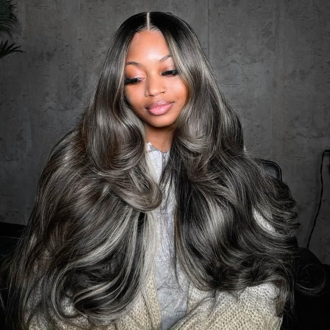 Front view of Rina Upgrade black with brown blonde highlight wig for natural balayage style