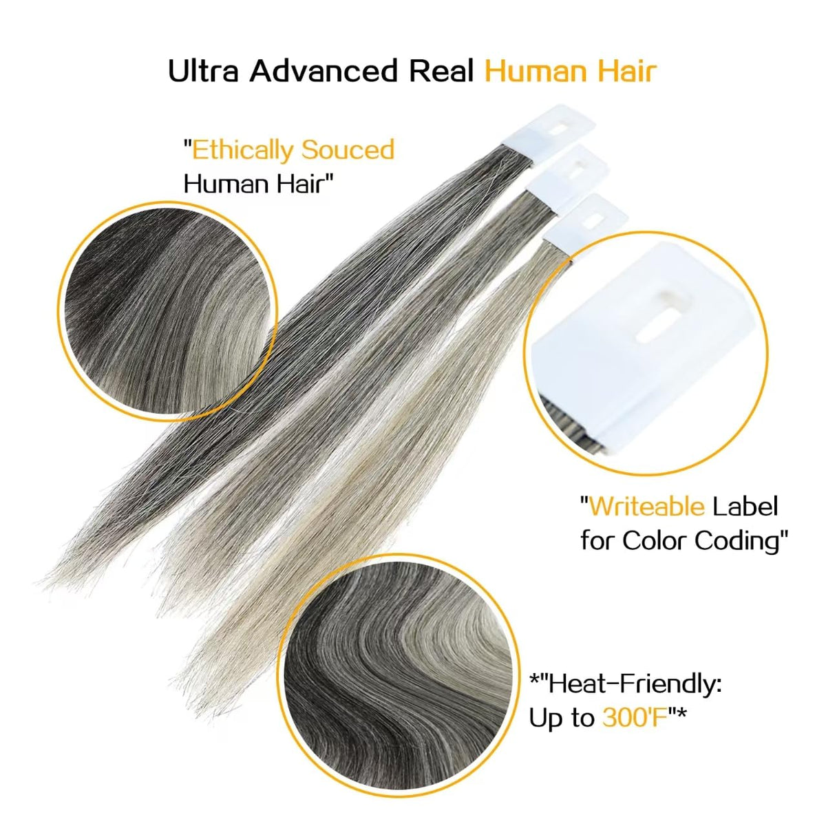 RINBOOOL natural gray Remy hair swatches shown, eight-inch length for color guidance