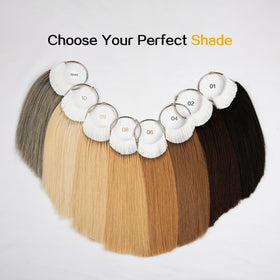 RINBOOOL Remy hair swatches with blank buckle for easy color labeling.