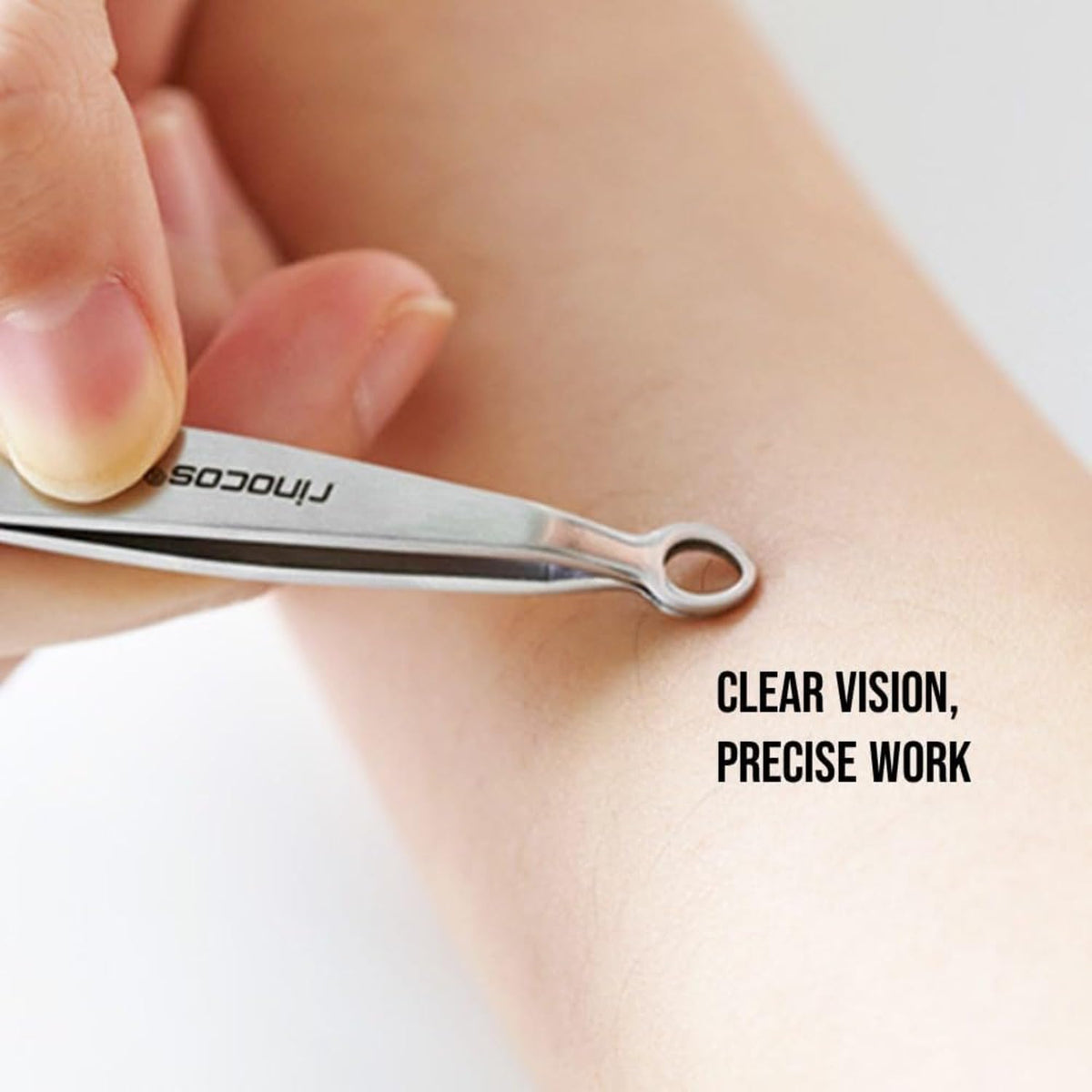 Rinocos silver-finish tweezers add style and safety to daily grooming.