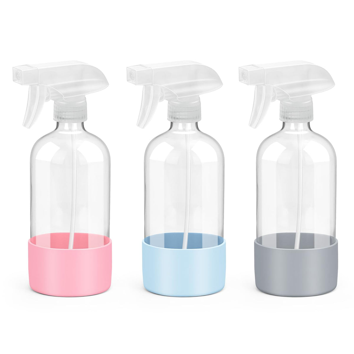 Rionisor glass spray bottle with silicone sleeve for secure grip and protection.