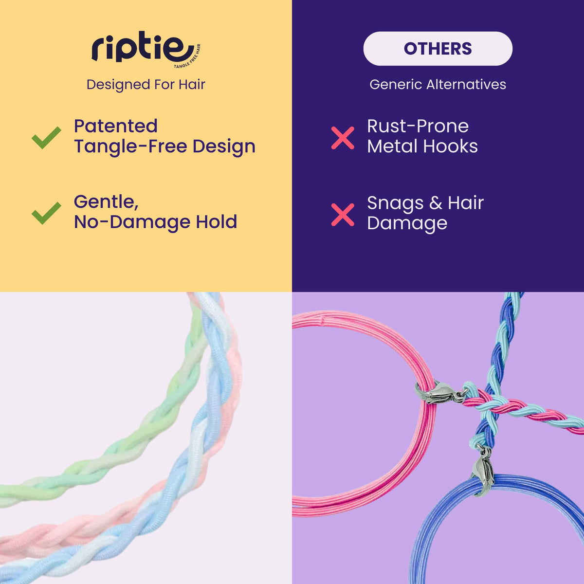 Rip Tie extra long soft tangle-free hair tie secures braids for all-day wear.