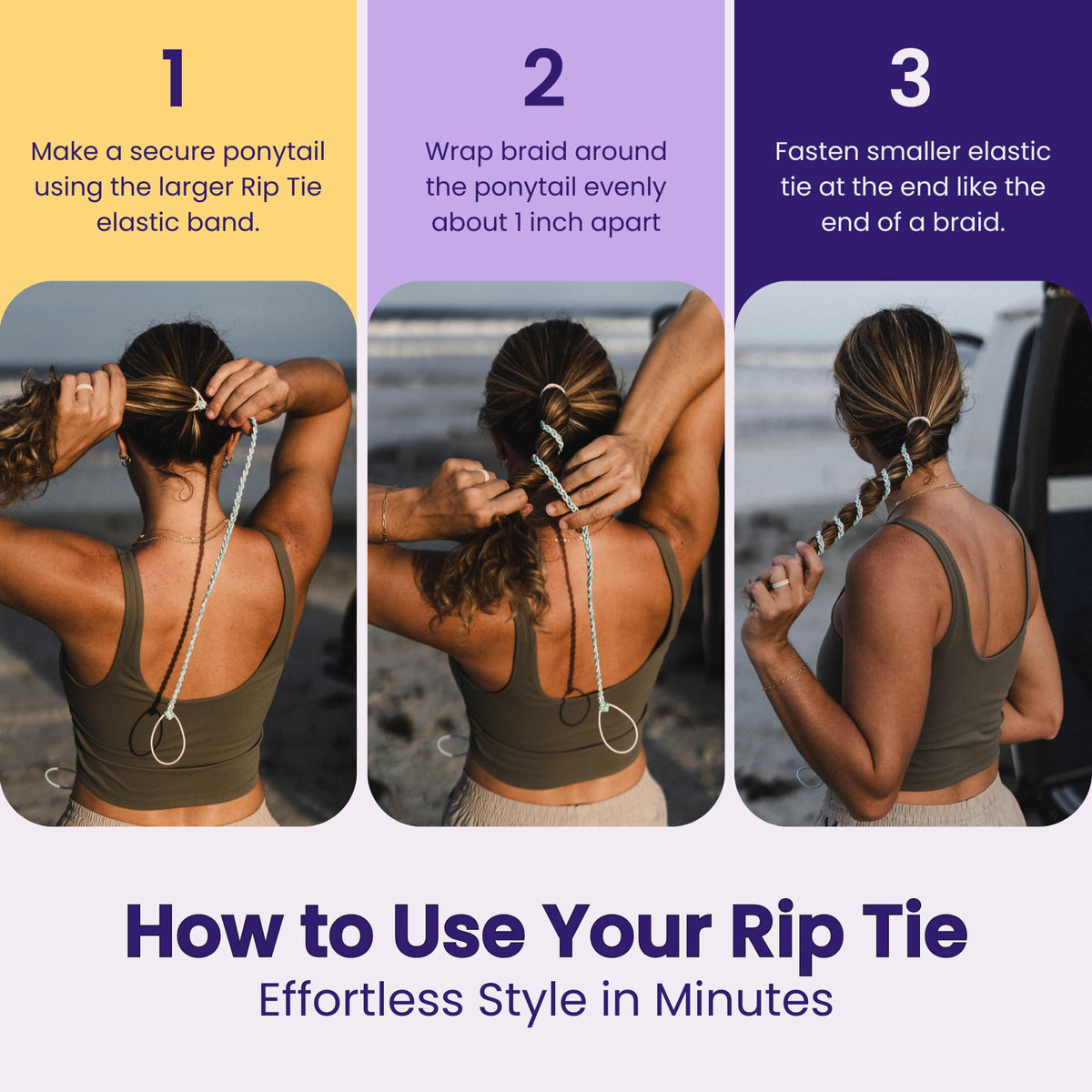 Rip Tie mini watercolor rippled color adds style while gripping hair during workouts.