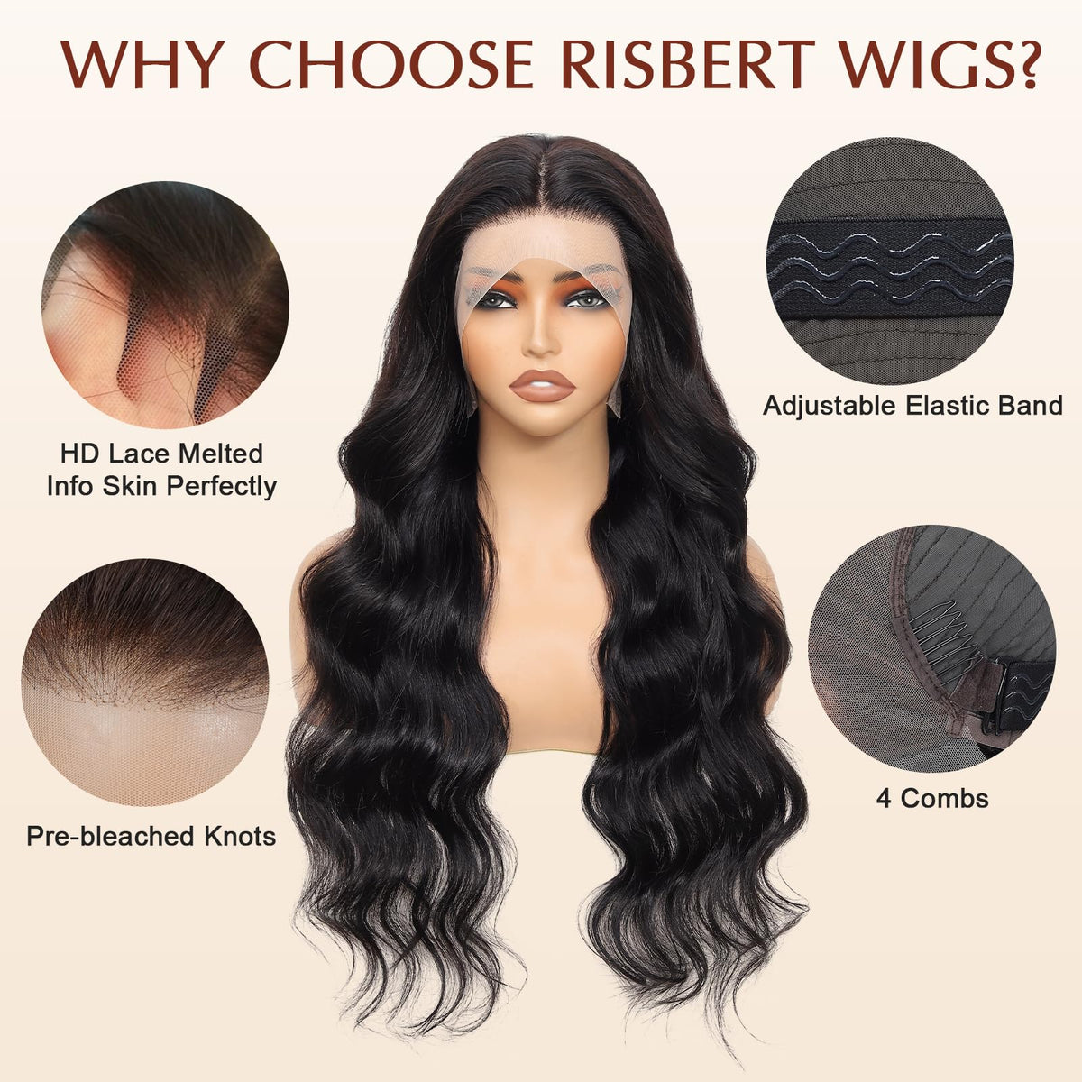 RISBERT natural color body wave wig ready for styling or coloring