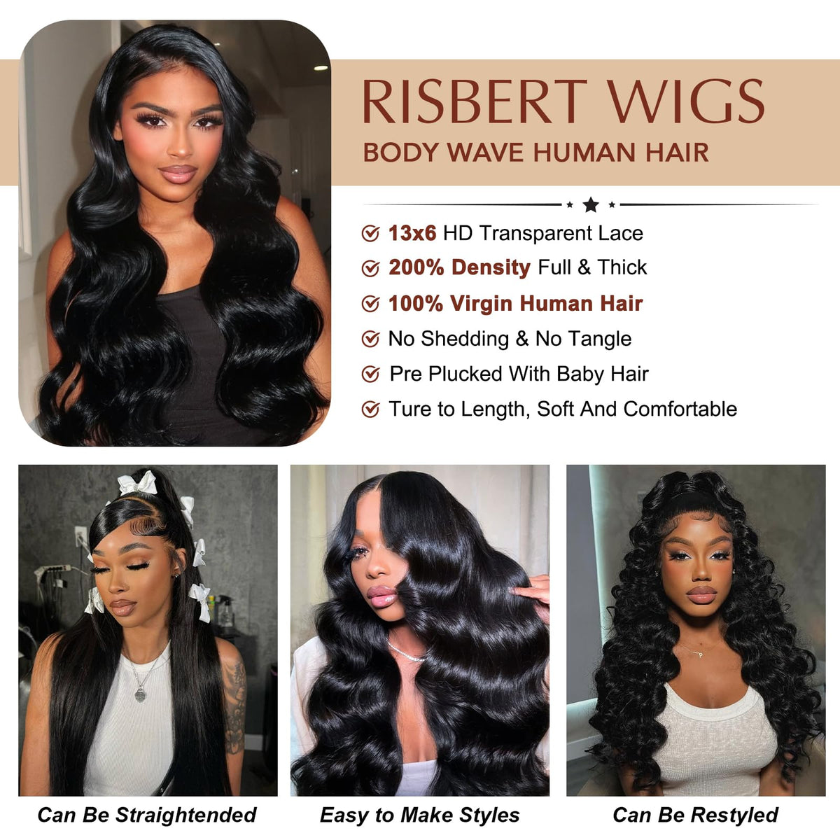 RISBERT virgin Brazilian hair texture suitable for versatile styling