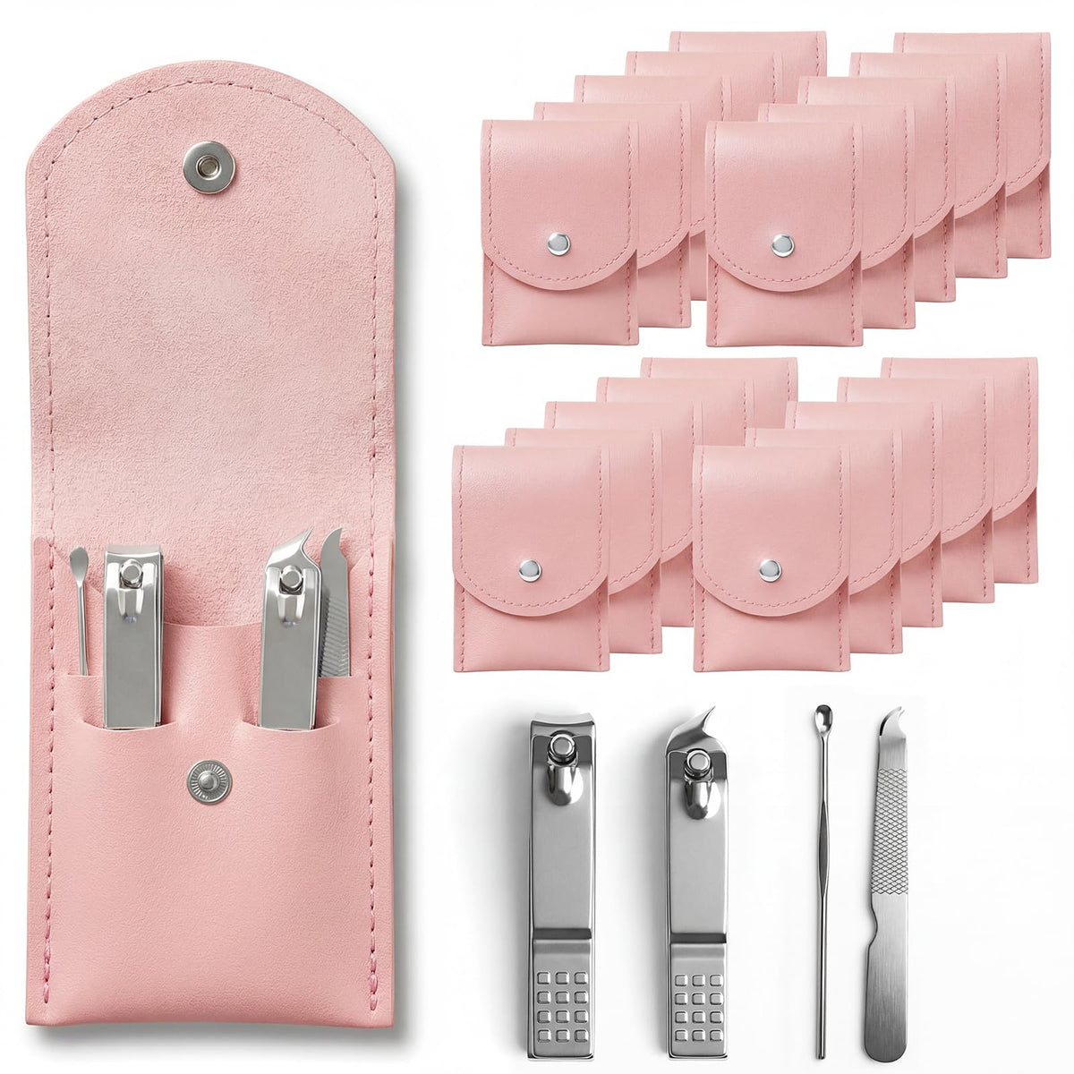 RISESAILS 20-piece nail kit in pink case with durable stainless steel tools for home use.