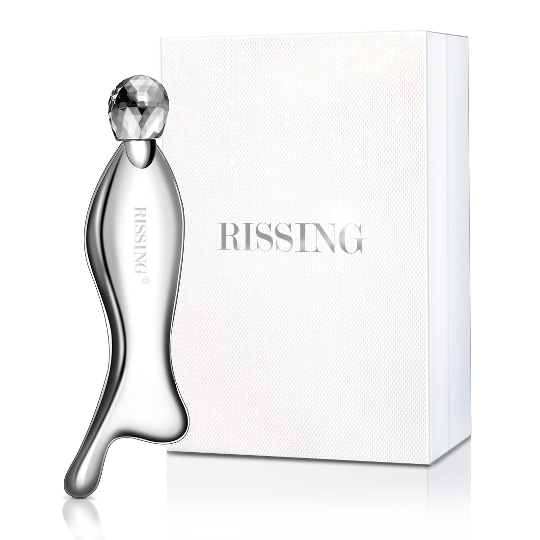 RISSING 4-in-1 gua sha tool close-up in polished stainless steel for precise massage