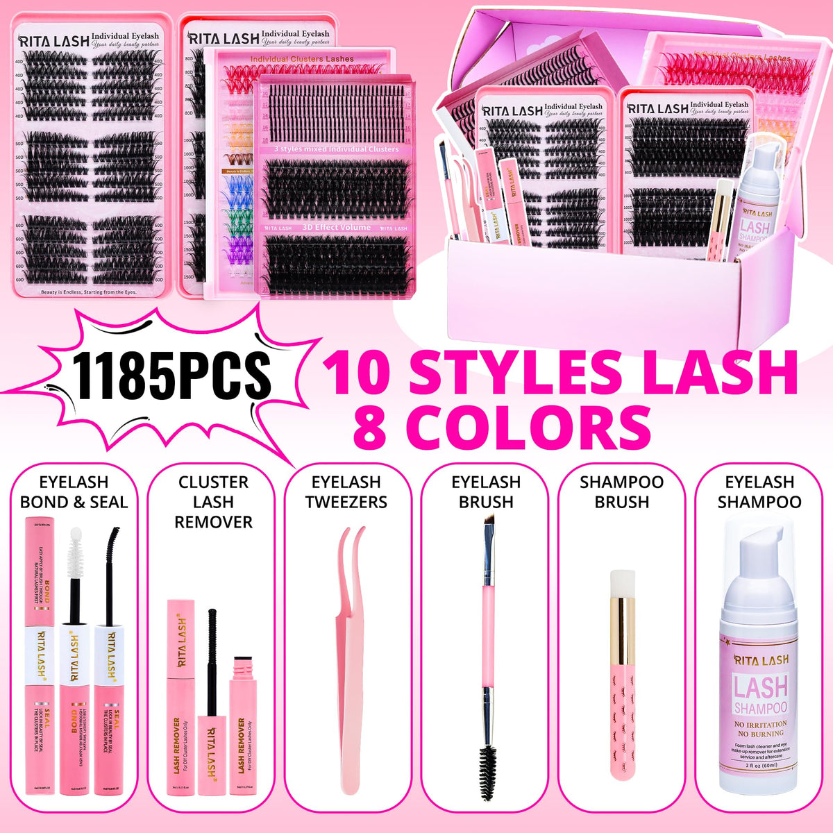 RITALASH Cat Eye cluster lashes show varied densities for dramatic daily looks.