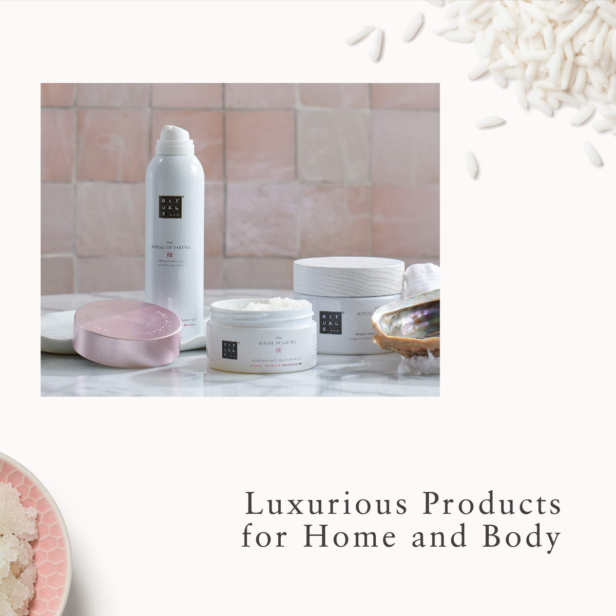RITUALS Ritual of Sakura in-shower scene illustrating creamy, refreshing scrub