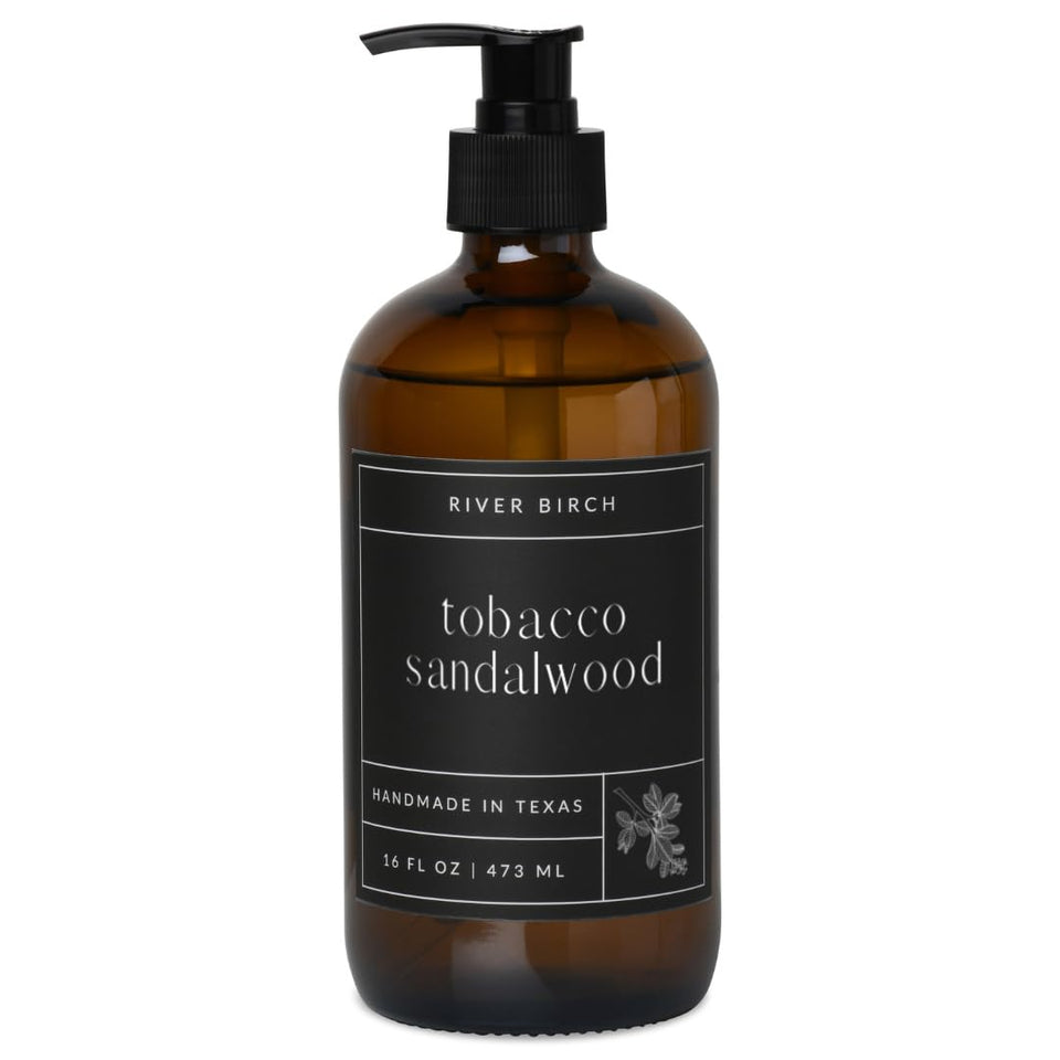 River Birch Tobacco Sandalwood hand soap bottle with rich scent and moisturizing formula.