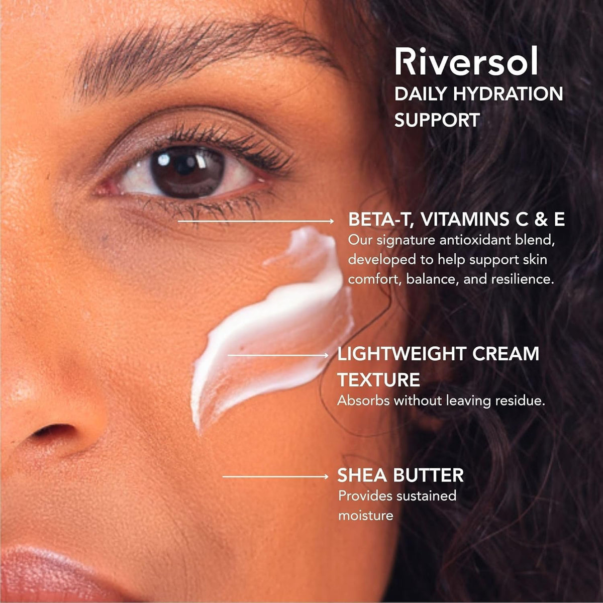 Riversol cream texture swirl demonstrates creamy, lightweight hydration