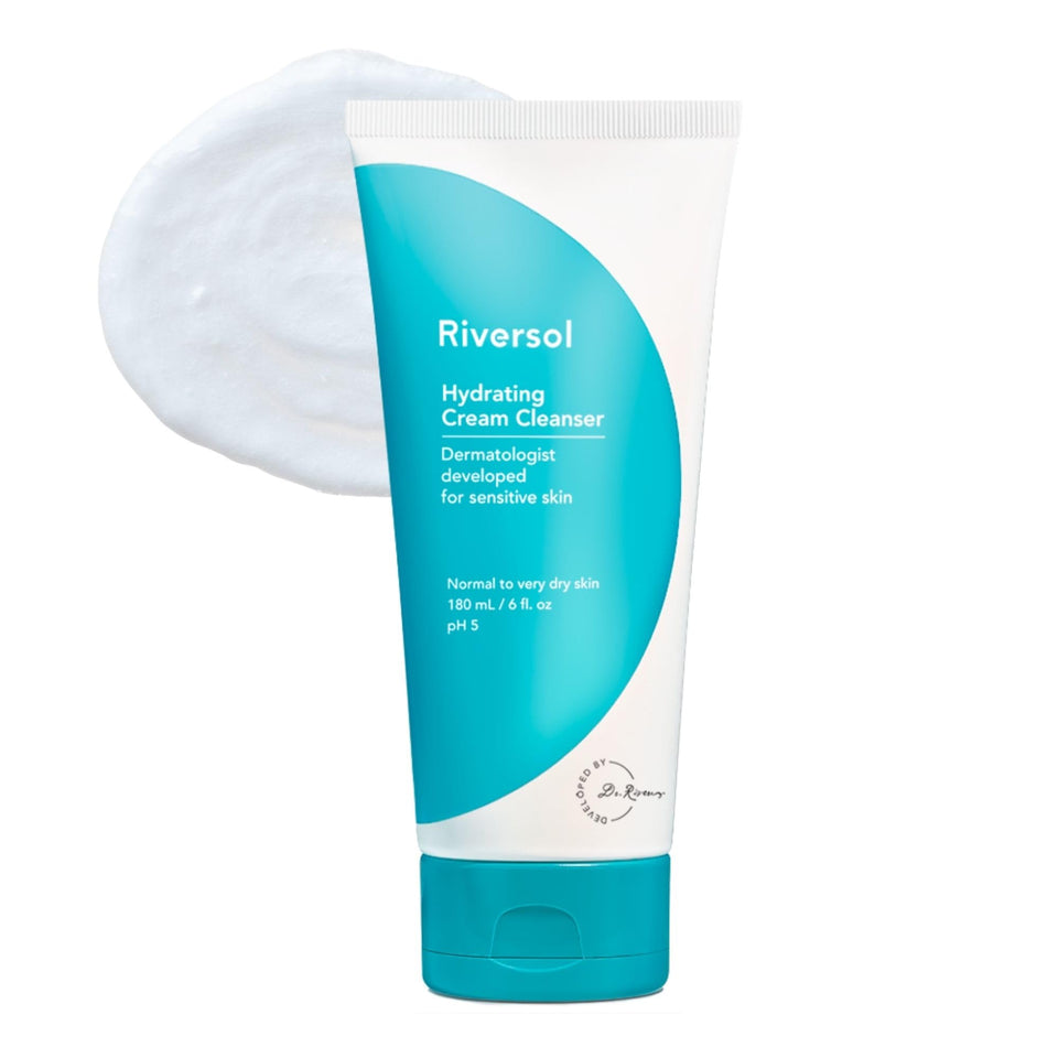 Riversol Hydrating Cream Cleanser bottle packaging, fragrance-free formula ideal for sensitive skin.