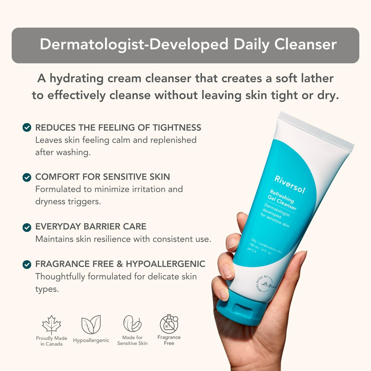 Riversol Hydrating Cream Cleanser creamy texture shown for gentle cleansing.