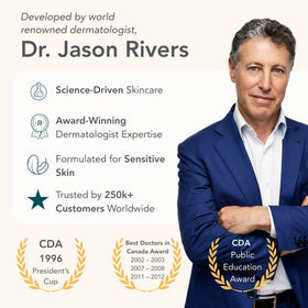 Dermatologist-developed Riversol feature on packaging communicates professional origin.