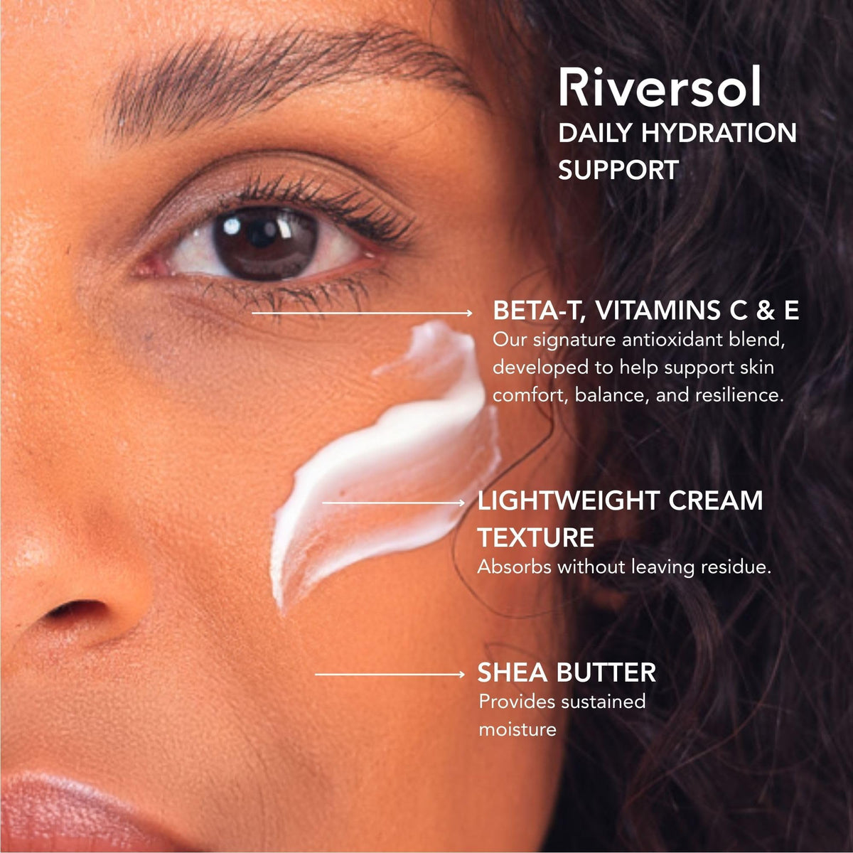 Close-up of Riversol texture highlighting smooth, non-greasy absorption.