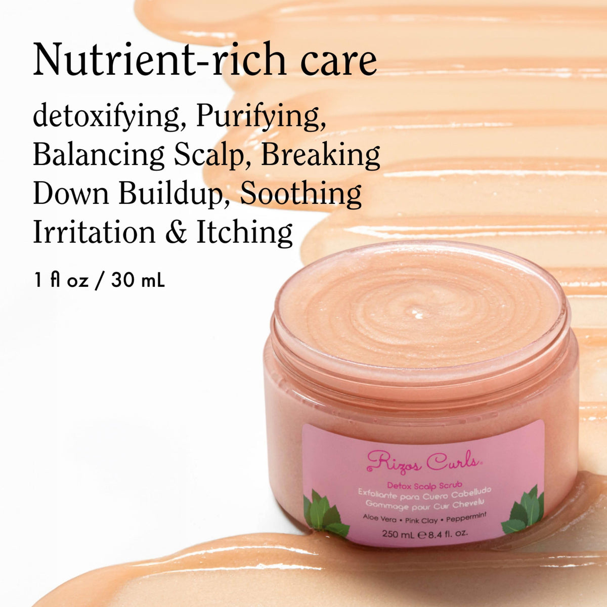Rizos Curls Detox Scalp Pink Clay jar highlighting impurity absorption for a cleaner scalp
