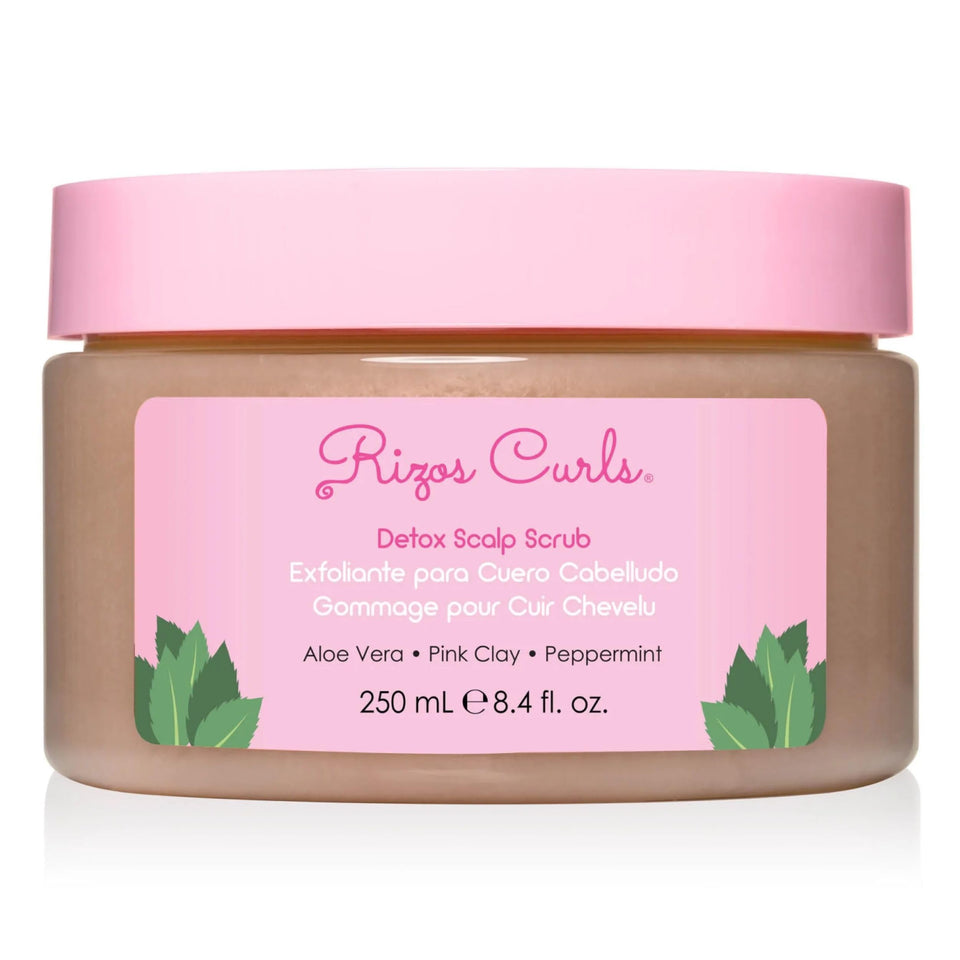 Rizos Curls Detox Scalp Scrub bottle shows a clarifying scalp treatment for all hair types