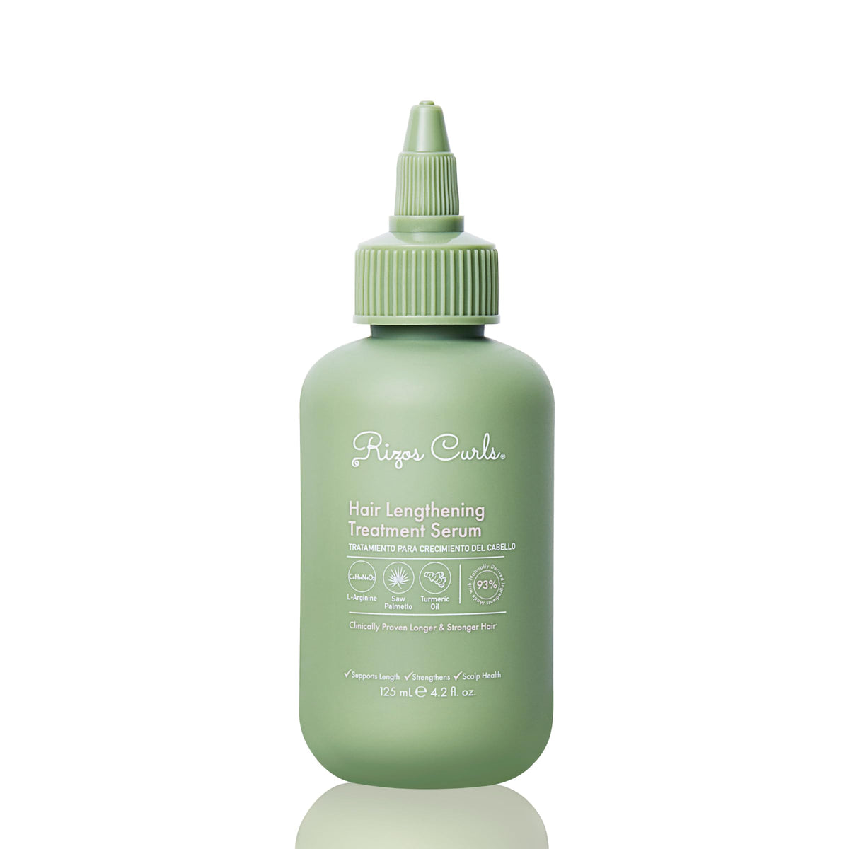 Rizos Curls lengthening serum bottle with scalp-friendly formula